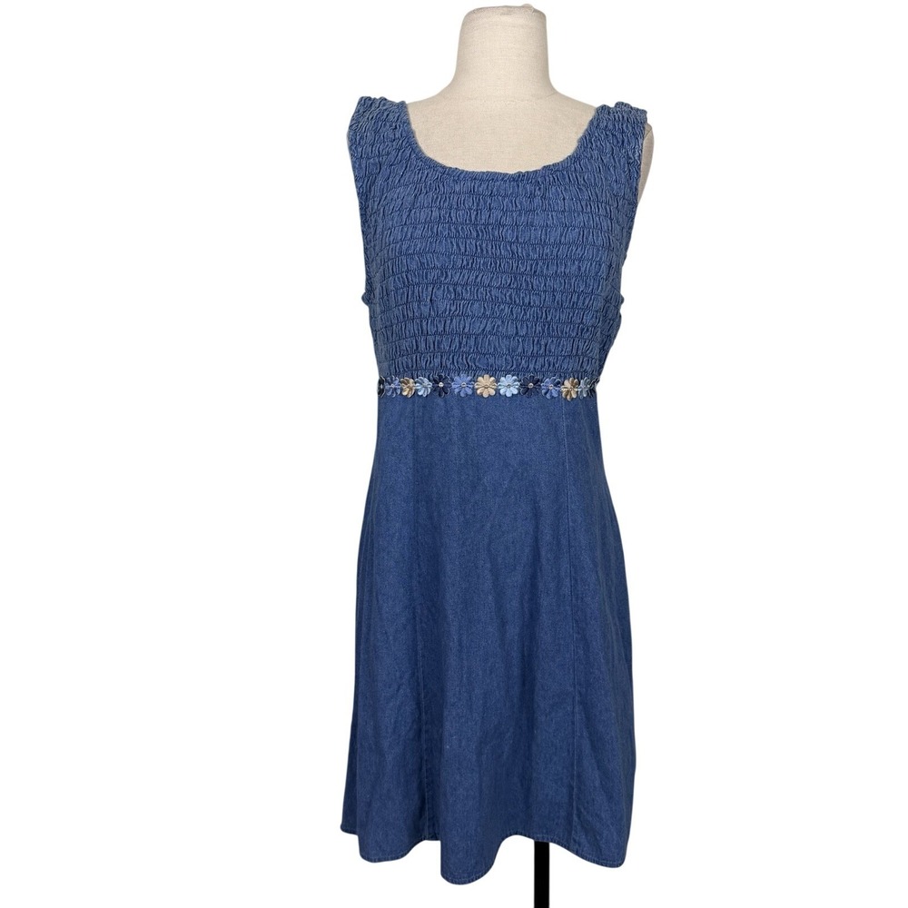 Vintage 90s No Boundaries Denim Mini Dress Sz 11 Medium Smocked Daisies Grunge